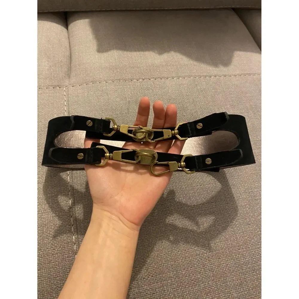 Rachel Zoe Black Genuine Leather Suede Statement Belt – Gold Hardware Runway XS
